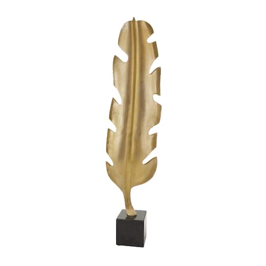 33" Gold Aluminum Bird Feather Sculpture with Black Marble Base